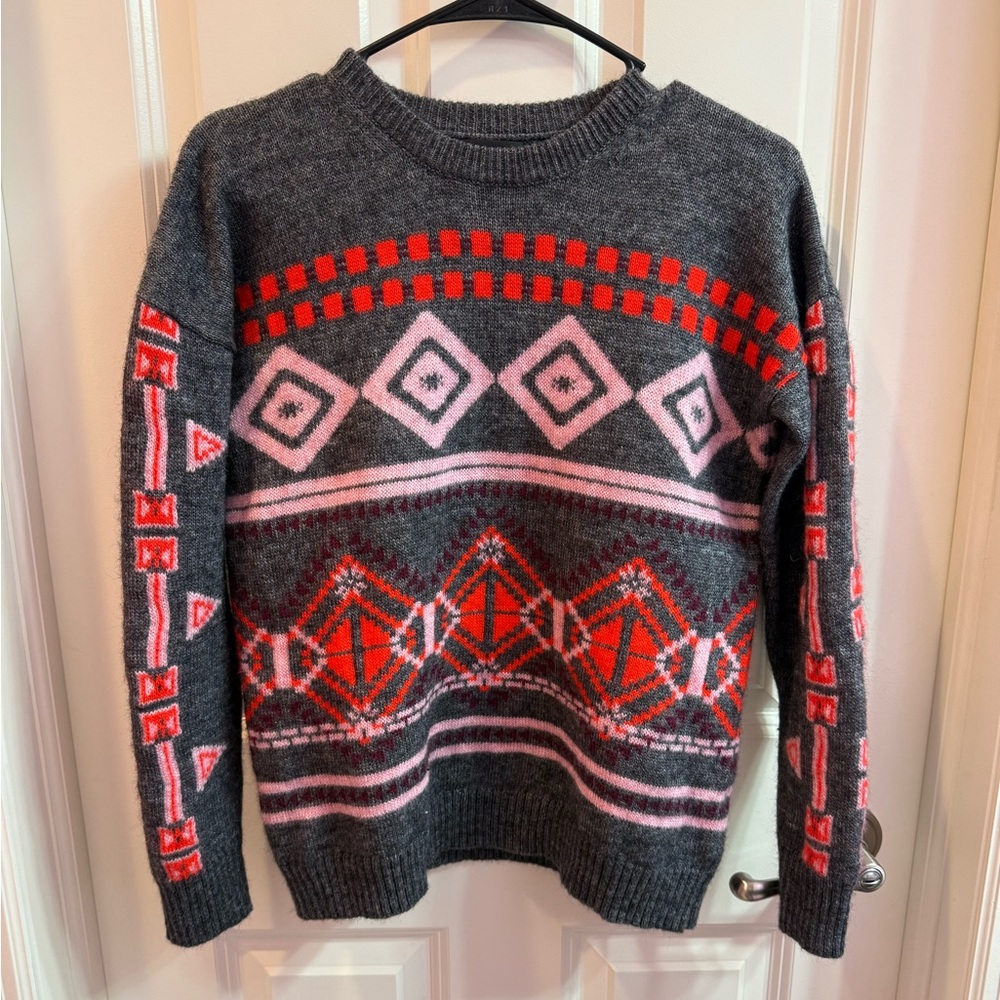 J. Crew Nordic Fair Isle Sweater wool mohair blend in Red and Pink cabincore SM - Picture 2 of 6